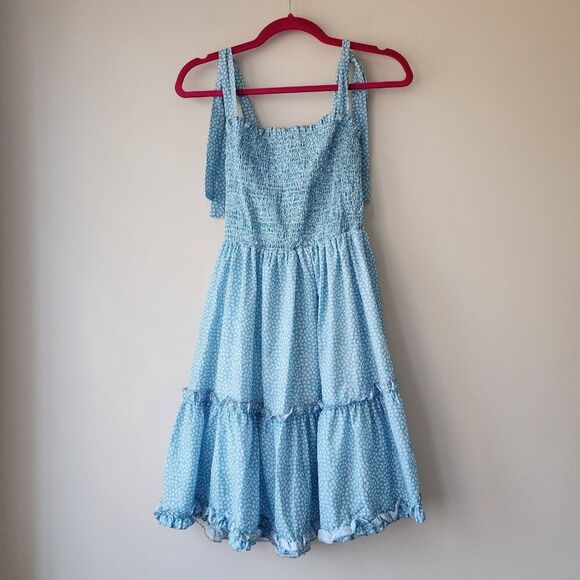 Ditsy Print Smocked Dress | Medium | Light Blue Ruffle Tie Straps Tiered Skirt - Picture 1 of 7